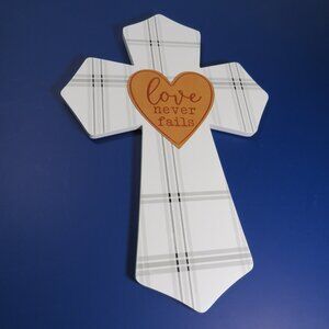 Religious Cross w faux leather embossed "Love Never Fails" wall decor Plaid